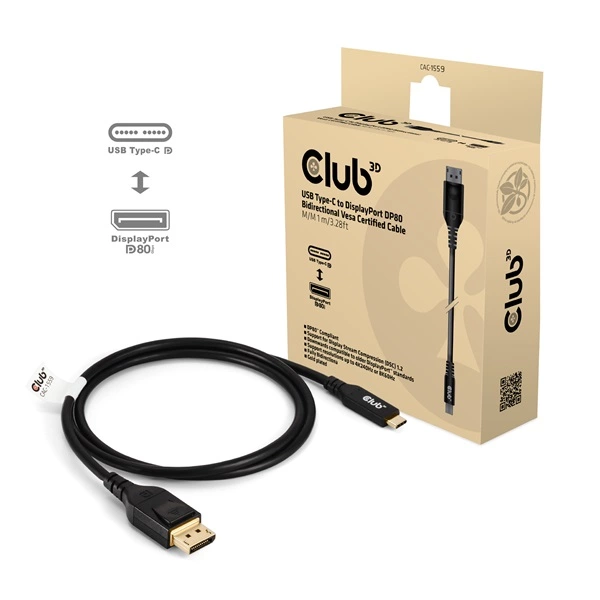 CLUB3D USB Type C Cable to DP 2.1 Bi-Directional VESA DP80 Certified Cable M /M 1m/3.28ft
